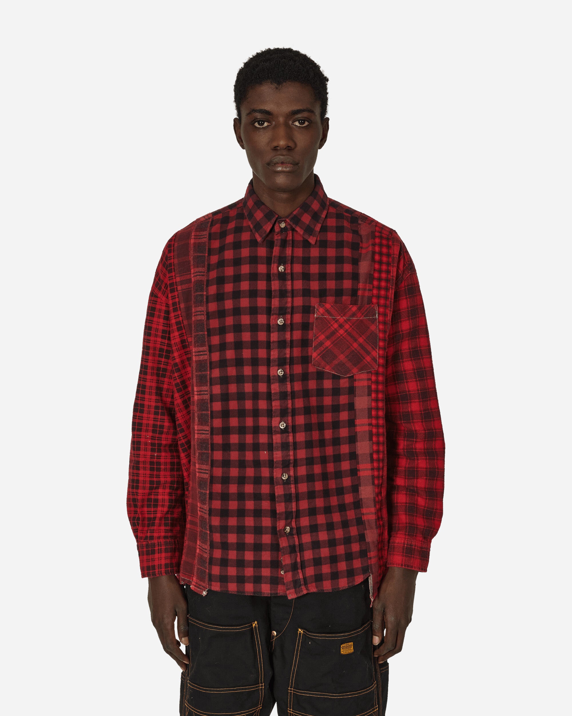 7 Cuts Flannel Wide Shirt Over Dye Red