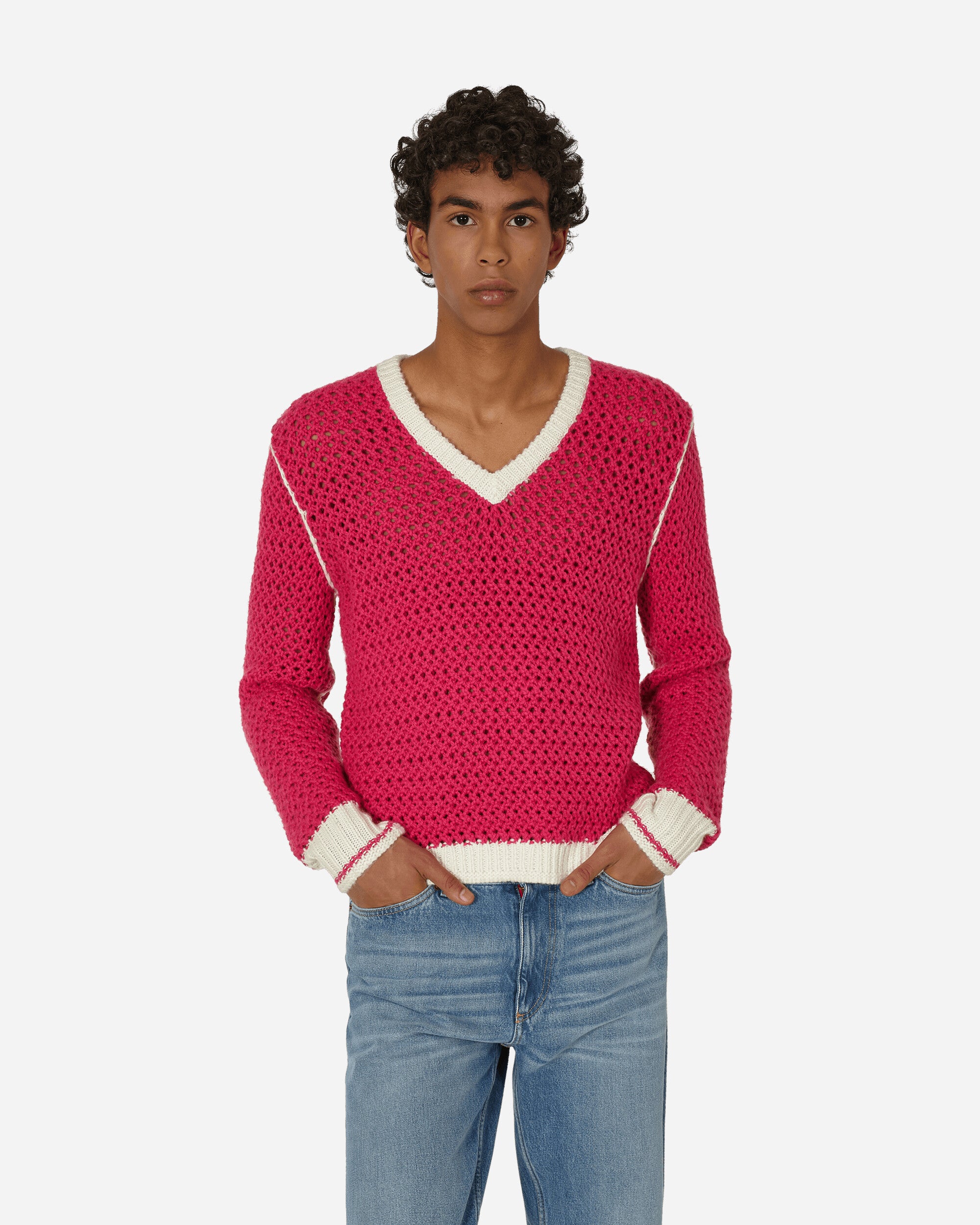 Knitted V-Neck Sweater Fluo Pink